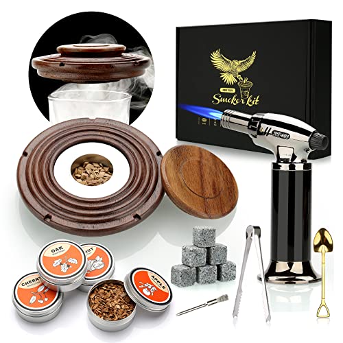 Kit Ahumador de Whisky CóCtel con Antorcha, Kit de Coctelería, Whisky Bourbon con 4 Tipos de Virutas de Madera Y 6 Trozos De Granito, Idea de Regalo para Amantes del CóCtel, Hombres, Papá, Marido,Jefe