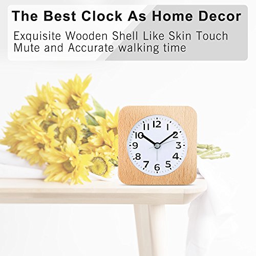 TXL 5.5" Wood Alarm Clock Digital Battery Operated Silent Desk Clock Snooze and Light Function, Beep Sounds, Gentle Wake, Ascending Alarm, Easy Set Kids Bedside Mute Beech Clock for Office/Seniors