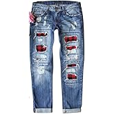 Distressed Boyfriend Jeans for Women with Plaid Patchwork Ripped Design Holes Design Stretch Comfort Skinny Denim Pants