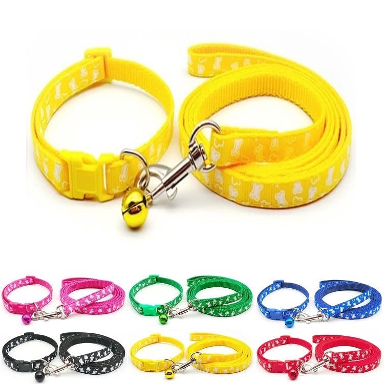 Small Dog Puppy Pet Collar and Lead Set White Bone Design Nylon Adjustable Size 19-32cm Collar with Bell and 120cm Leash Yellow