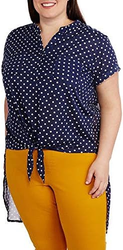 French Laundry Women's Plus-Size Hi-Low Henley Shirt With Chiffon Back (Plus 2X, Navy Dot)