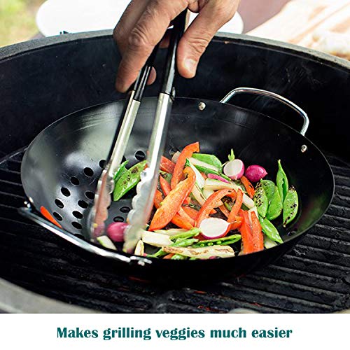 KAMaster Grill Wok for Big Green Egg Non-Stick Grill Basket Pan Round Grilling Wok with Handle M/L/XL Big Green Egg Accessories for STRI Fry,Shrimp,Chicken & Vegetable - Thumbnail 4