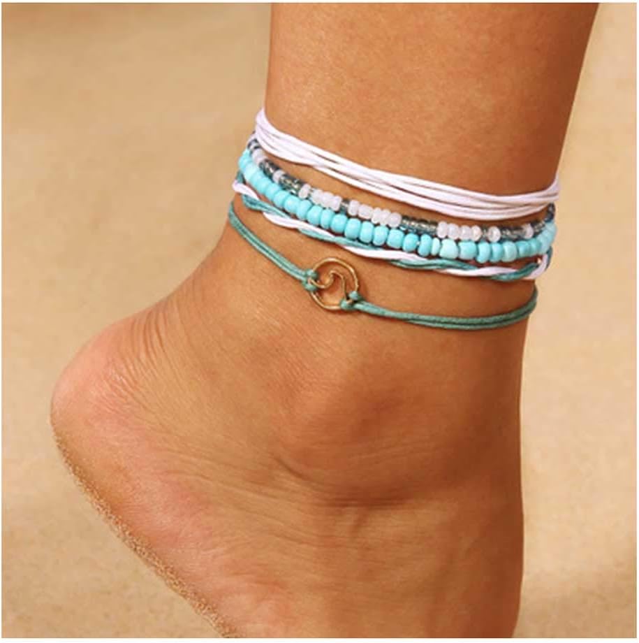 Beach Blue Beaded Anklet Bracelet Wave Rope Woven Anklets Boho Summer Ankle Chain Foot Jewelry Accessories for Women and Girls(5PCS)