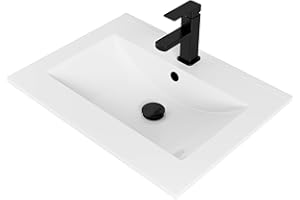 eclife 24" L x 18.3" W Bathroom Undermount Ceramic Sink Top W/One Hole, Rectangular Porcelain Sink Basin with Matte Black Faucet & Pop up-Drain, White