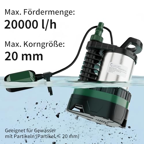 LANCHEZ Submersible pump 1000 W, 20,000 l/h flow rate, adjustable wastewater/clean water mode, delivery head 10.5 m, immersion depth 7 m, stainless steel, adjustable float switch, thermal protection