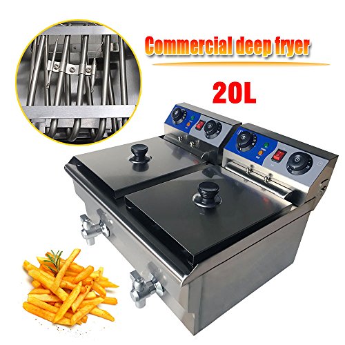 ZXMOTO 20L Commercial Double Deep Fryer Chip Chicken Frying Timer and Drain Stainless Steel
