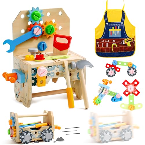 Wooden Car Tools Box, 39 Pieces Construction Games with Children's Apron, Tools Car Toys Children 2 Years Montessori Educational Games, Gift Boy Girls 2 3 4 Years