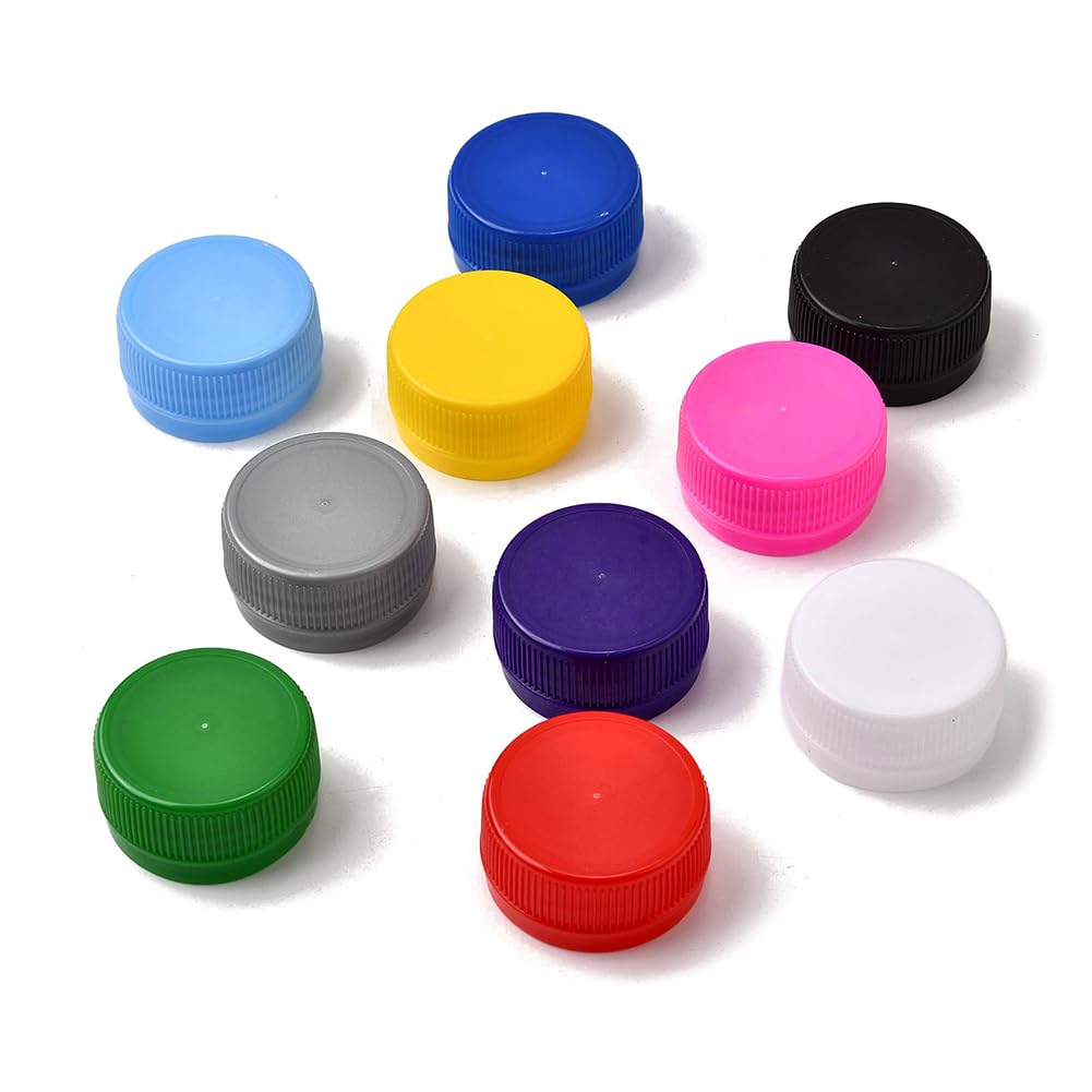 PandaHall Elite 100pcs Bottle Decorative Caps, 10 Color Plastic Bottle Lids Reusable Bottle Tops Sticker for DIY Craft Scrapbooks Outdoor Games Intelligence Developm