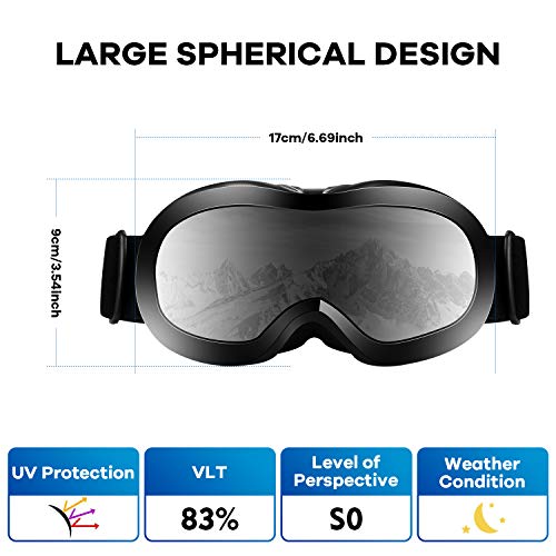 VELAZZIO Kids Ski Goggles, Snowboard Goggles OTG Snow Goggles Anti-Fog Double-Layer Lenses, 100% UV Protection (Black Frame/Transparent Lens (VLT 83%))
