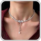 Andelaisi Boho Crystal Bow Choker Necklace Vintage CZ Tennis Chain Necklaces Silver Bling Bowtie Necklace Adjustable Pearl Bead Tassel Dangle Necklaces Jewelry for Women