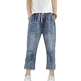 Lavnis Women's Cropped Jeans Cotton Loose Denim Pants Casual Elastic Waist Ripped Jean Joggers