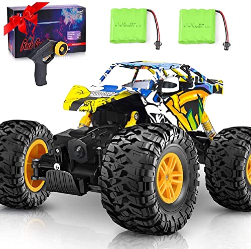 DOUBLE E Remote Control Car, 4WD Unique Colorful Shell 60+mins Runtime Off Road RC Monster Trucks, 1:12 Scale All-Terrain Electric Toy with Two Batteries for Adult, Yellow