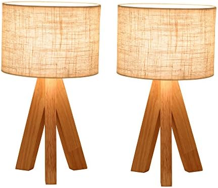 Ivalue Dimmable Wooden Table Lamps with Fabric Shade Tripod Nightstands Lamp 3 Legs Bedside Desk Lamp Set of 2 for Bedroom Living Room College Dorm