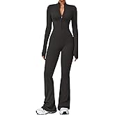 ECUPPER Women Long Sleeve Flared Jumpsuit Zip Up Romper One Piece Full Bodysuits Yoga Unitard Wide Leg Sexy Catsuit
