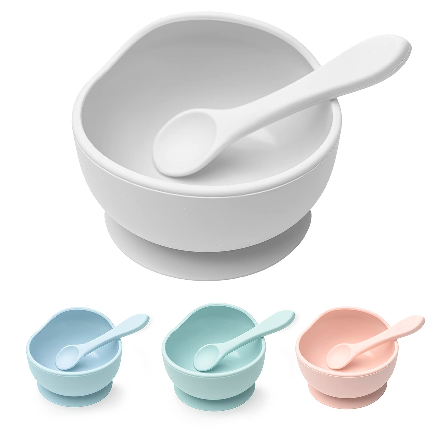 Kids Silicone Animal Suction Plate, Suction Baby Bowl & Baby Spoons for Toddlers (Grey)