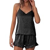 CHYRII Women's Sexy Silk Satin Ruffled Pajamas Sets Cami Shorts Sets Sleepwear