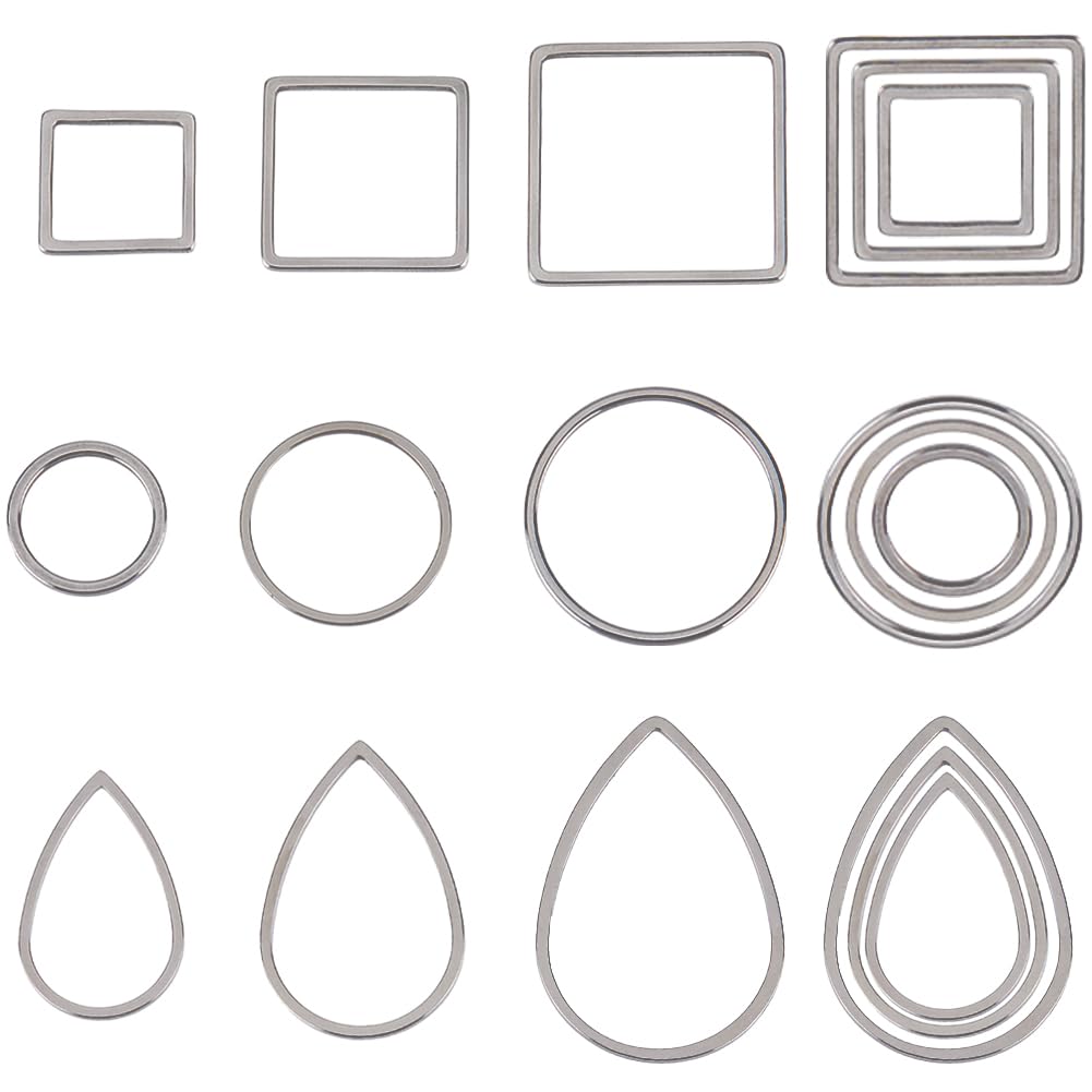SUNNYCLUE 1 Box 90Pcs Open Bezel Charms Stainless Steel Open Back Bezels Pendant Frames Round Square Teardrop Linking Rings Circle Bezels Blank Pressed Flower Resin Casting Frame for Jewellery Making