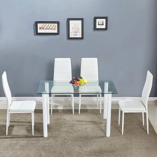 LEIMAIJIAJU Dining Table Set Kitchen Furniture with Dining Chairs, Rectangular Dining Set High Back Design (4 White Chairs + Table)