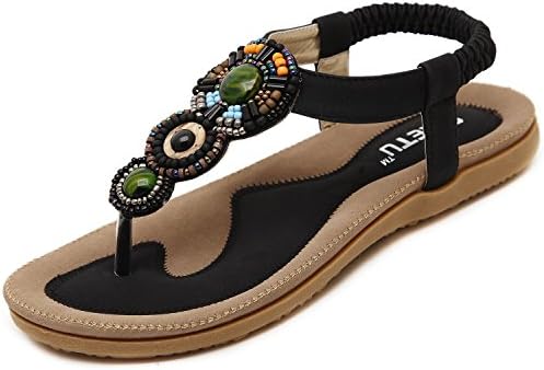 SHFZ Womens Ladies Summer Bohemian National Thong Sandals Flats Flip Flops Beach Shoes (US 6.0, Black)