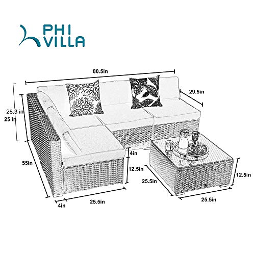 PHI VILLA 5Piece Outdoor Furniture Set Rattan Wicker Patio Sectional Sofa with LowBack and Tea