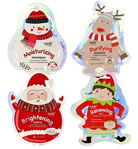Epielle Holiday Character Sheet Masks (Assorted 4 Pack) – Includes 1-Santa, 1-Reindeer, 1-Snowman, 1-Elf