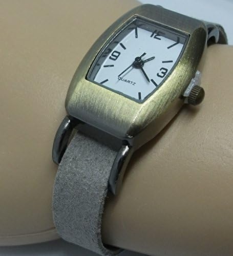 Bracelet watch, aged bronze rectangular wrist watch with handmade gray suede strap and magnetic clasp.
