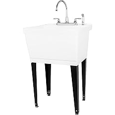 Utility Sink Laundry Tub with Gooseneck Faucet by JS Jackson Supplies, Heavy Duty Slop Sinks for Basement, Laundry Room, Garage or Shop, Large Free Standing Wash Station (Chrome Faucet)
