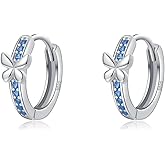 SLUYNZ Solid 925 Sterling Silver Blue CZ Butterfly Earrings Hoop for Women Teens Butterfly Hoop Earrings Huggie