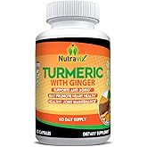 NutraviX Turmeric and Ginger Capsules with BioPerine – Organic Turmeric with Ginger Root Extract Supplements for Joint, Digestive & Daily Wellness Support – 60 Veg Capsules, Made in USA