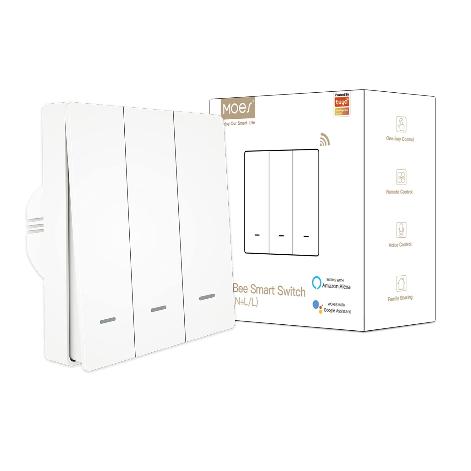 MOES ZigBee Smart Wall Light Switch, No Neutral Wire Required/Neutral Optional 2-in-1 Design, No Capacitor Needed, Tuya ZigBee Hub Required, 3-Gang White
