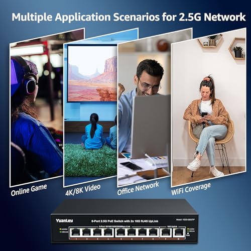 YuanLey 8 Ports Unmanaged 2.5G PoE Switch, 8 x 2.5G Base-T PoE Ports, 2 x RJ45 10G, 120W PoE Budget, Metal Enclosure Without Fan, 10 Port 2.5Gbe/10G PoE Ethernet Switch for NAS, PC Gaming, AP