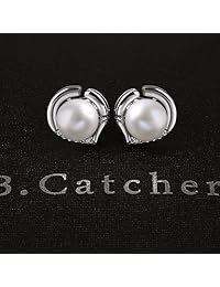 De B. Catcher: aretes de plata de ley 925 con perla de 0,3 pulg en forma de corazón