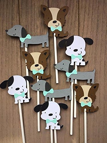 12 Mixed Puppy Dog Cupcake Toppers- With Bow ties, Baby Shower, Its A Boy, First Birthday