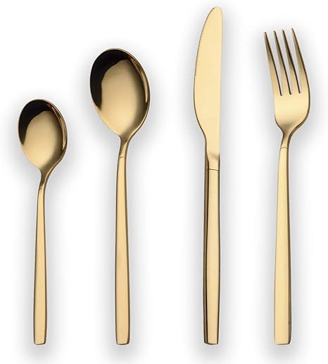 Amazon Berglander 24ピースチタンゴールドメッキステンレススチールカトラリー セット 24ピースゴールデンフラットウェアセット ゴールドシルバーウェアセットカトラリーセット サービス6 光沢のあるゴールド カトラリーアソートセット オンライン通販