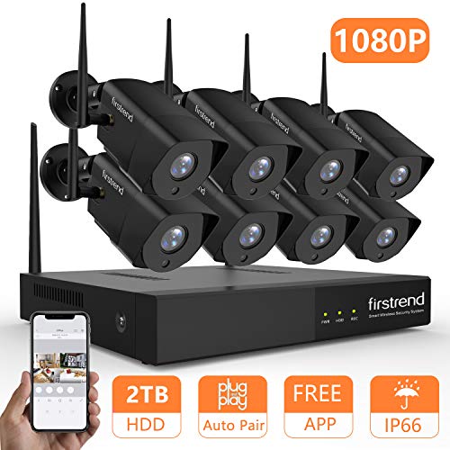 [Newest]Security Camera System Wireless,Firstrend 1080P Security Camera System with 8pcs HD Security Camera and 2TB Hard Drive Pre-installed, P2P Wireless Security System[Black]