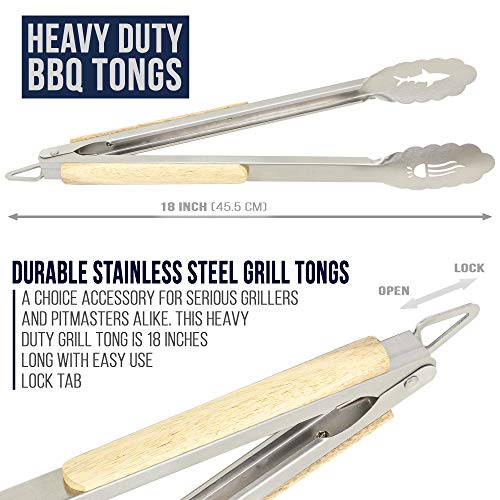 Shark BBQ Grill Tongs, Heavy Duty Barbecue Tong w Acacia Wood Grips, 18