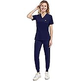 UnionMed Tech Scrubs for Women Set, V-Neck Scrub Top & Joggers Pants Sets, Slim Quick-dry Anti Wrinkle Yoga Waistband