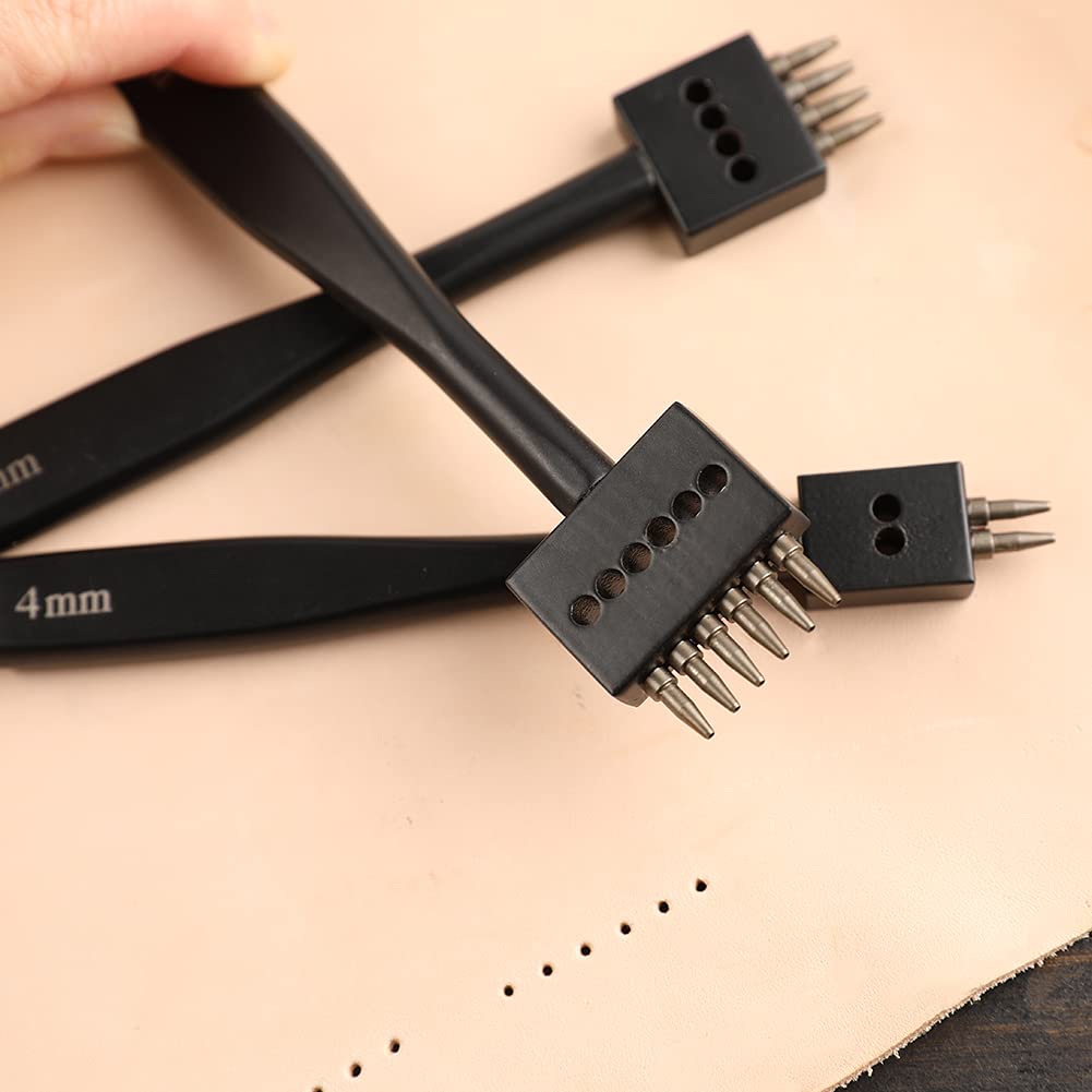 DIUDUS Prong Punch, Black Leather Punch Tool 4mm, 2/4/6 Lacing Stitching Punch, Round Hole Prong Stitching Chisel Set Leather Working Tools for Leathercraft