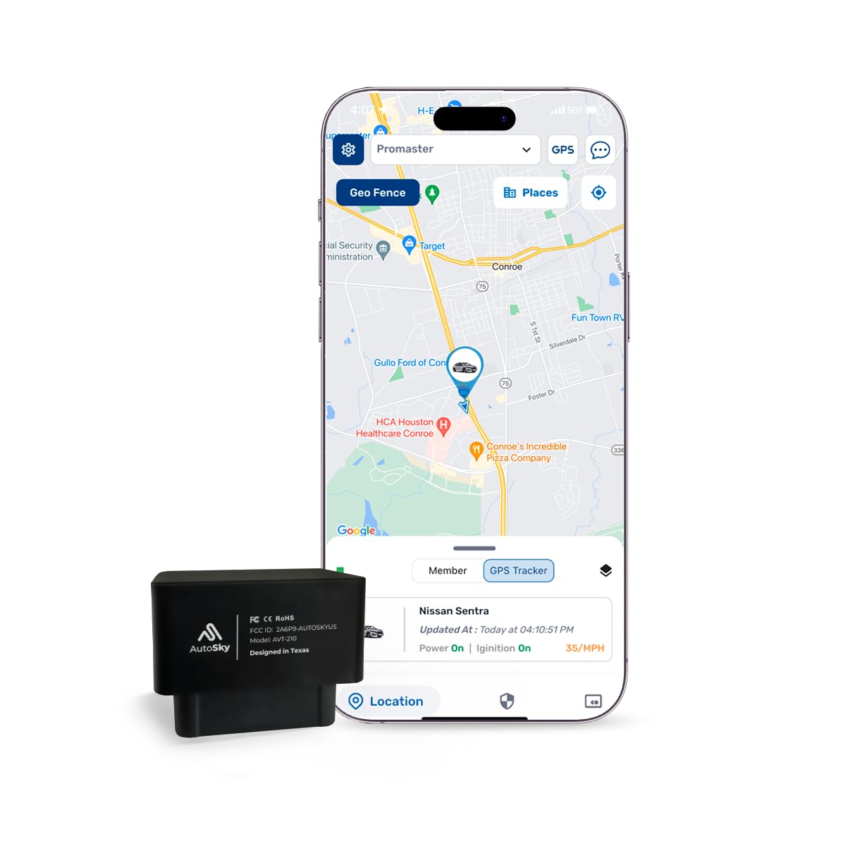AutoSky GPS Tracker for Vehicles, OBDII, 4G LTE, Model - AVT-210, Vehicle Location, Trip History, Driving Alerts, GeoFence, USA-Developed, Family or Fleets