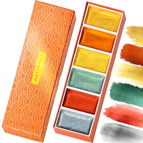 ARTISTRO Professional Metallic Watercolor Paint Set for Adults - 6 Pigment-Rich Metallic Colors, XL Pans, ASTM-I Lightfastness, High Tinting Strength Watercolor Set for Professionals made by professionals
