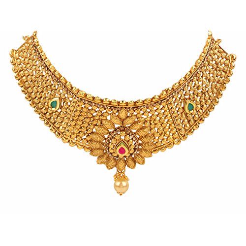 Efulgenz Indian Bollywood Traditional Gold Plated Faux Ruby Emerald Bridal Choker Necklace and Earrings Jewelry Set with Maang Tikka for Women
