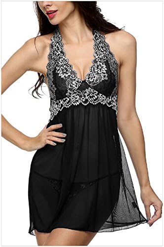 VOTEKI Lace Babydoll Sleepwear Halter Nightwear Sexy Lingerie Outfits Bodysuit Hang with G-String for Women (XXL, Black)