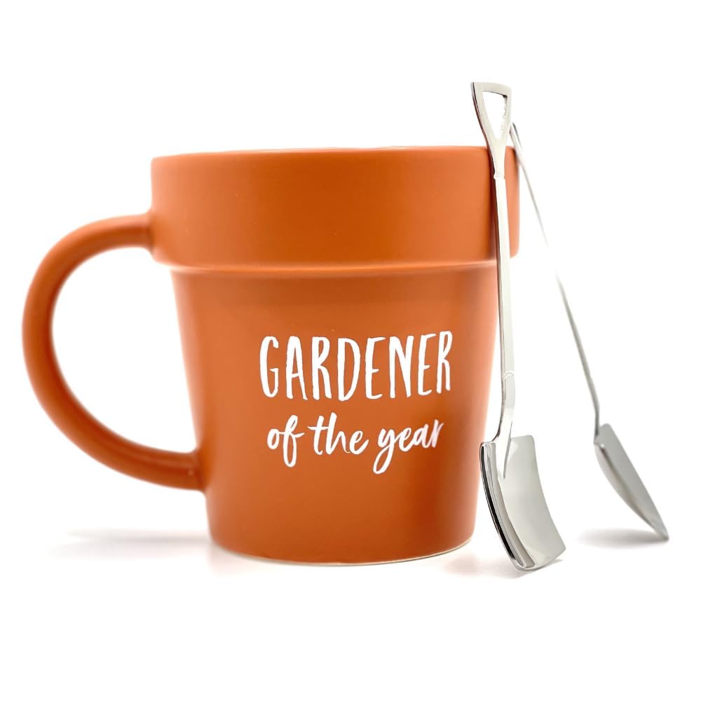 RAJX Gardener Mug, Novelty Gifts for Christmas, Ceramic Tea and Coffee Cup with Shovel Spoon, Coffee Cups Gift for Mum, Plant Pot Cup for Nature Lovers on Mothers Day and Birthdays