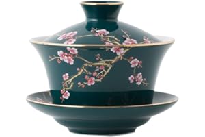 HUAMu Porcelain Tea Cup with Saucer and Lid,Embossed Chinese Gaiwan Set for Plum Blossom 10oz/300ml,Green