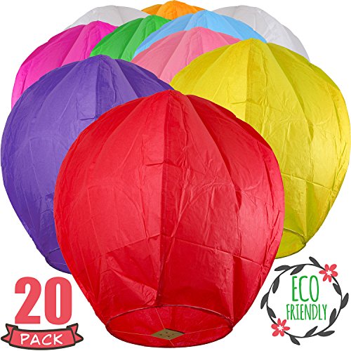 Chinese Lanterns 20-Pack Multi-Color, Fully Assembled And Fuel Cell Attached Is 100% Biodegradable, New Designed Sky Lantern With Gift Box Coral Entertainments For Any occasion. (Multi-Color)