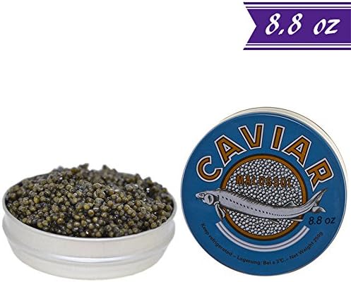 Kaluga Sturgeon Amber Caviar, Huso Dauricus, River Beluga, 8.8 oz / 250 gm Tin plus Mother of Pearl Caviar Spoon, Royal Gourmet Imperial Kaluga Caviar, Light-Salted, Farm Raised, OVERNIGHT SHIPPING