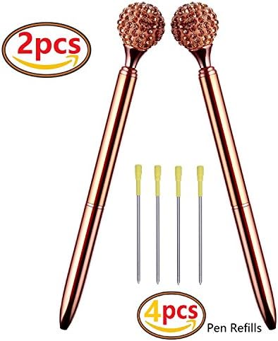 Ballpoint Pen 2Pcs Rose Gold Wedding Pen with Diamond Ball/Crystal -Metal Ballpoint Pen Rose Gold Office Supplies+ 4Pcs 3.2'' Ballpoint Pen Refills (2 Pieces Ballpoint Pen Diamond ball)