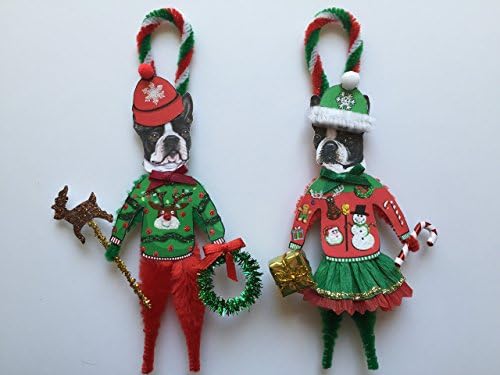 Boston Terrier UGLY CHRISTMAS SWEATER ORNAMENTS Vintage Style Chenille Ornaments Set of 2