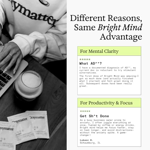 Graymatter Bright Mind Nootropic Powder (40 Servings: Strawberry Lemon) – Plant-Based Energy & Focus Drink Mix, Adaptogens & Vitamins, Sugar-Free Daily Supplement