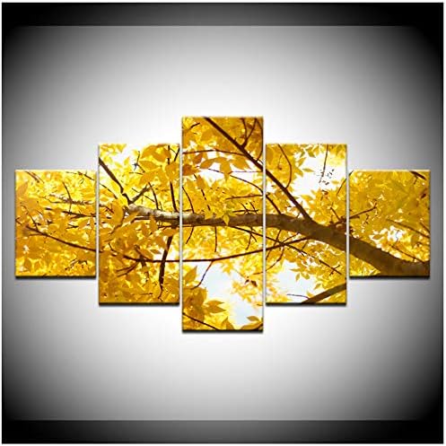 5 Panels Sunset Golden Forest Yellow Trees Landscape Picture Canvas Oil Painting Print Home Decor-30x40cmx2 30x60cmx2 30x80cm No Frame